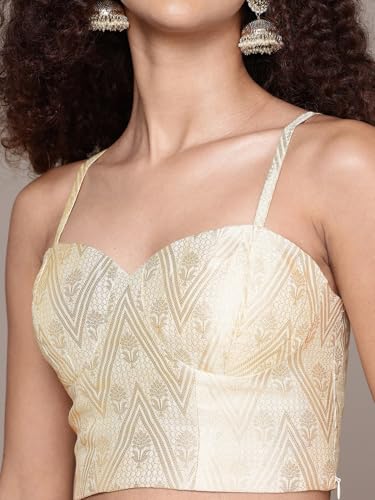 Aarke Ritu Kumar Beige Brocade Sweetheart Neck Blouse With Lehanga And Dupatta