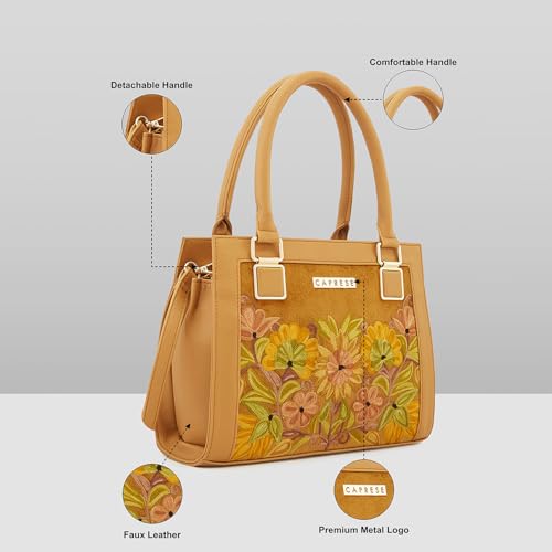 Caprese Siji Tresna Small Tote Bag for Women with Multiple Pockets | Kashida Embroidery Shoulder Bag with Adjustable & Detachable Strap and Zipper Closure | Ideal for Work, Everyday Outings (Brown)