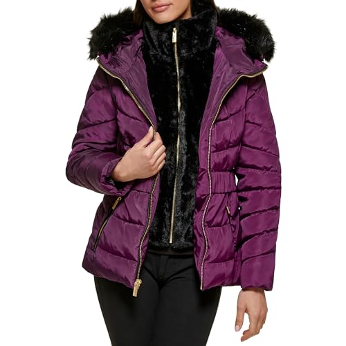 GUESS Women's Puffer Hooded Cold Weather Coat, Fur Lined Eggplant, M
