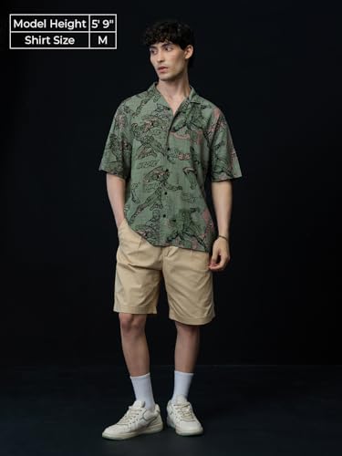 The Souled Store Avengers: Comics Men and Boys Short Sleeves Collared Neck Button Front Green All Over Printed Viscose Oversized Shirts