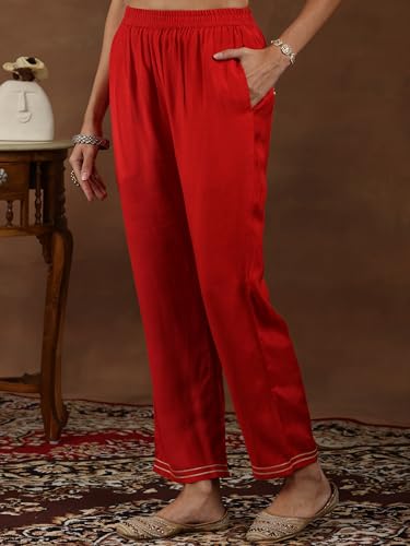 Libas Womens Woven Design Silk Blend Straight Kurta with Trousers and Dupatta