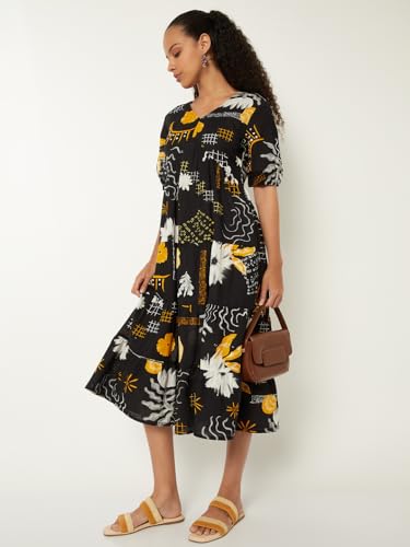 Max Women Printed Tiered Dress (Black_XS)