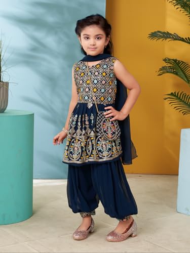 Aarika Girls Ethnic Wear Teal Blue Colour Thread Sequin Embroidery Georgette Kurti Patiala Set With Sling Bag (4-10 Years)