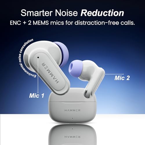 HAMMER Airflow Neo Earbuds with 80H Playtime, 13mm Titanium Driver, 40ms Gaming Mode, Fast Charging Buds, Type-C Charging, Voice Assistant, Lightweight Dual-Tone Design (Grey)