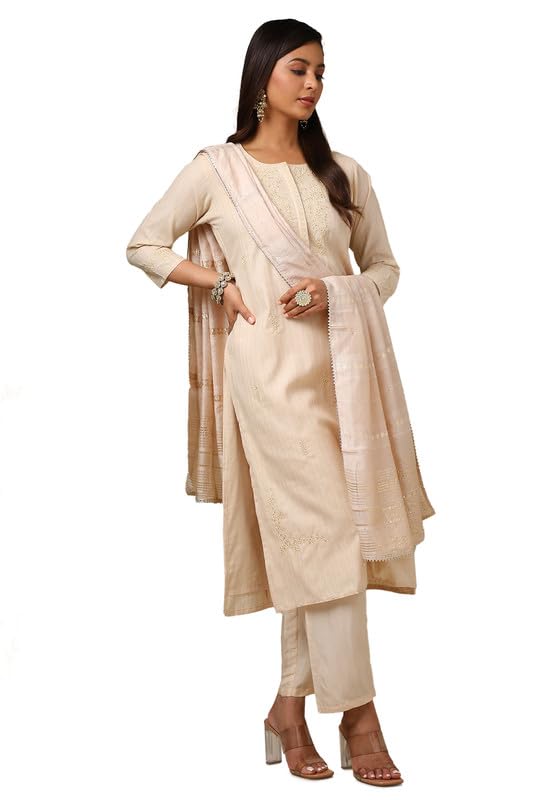 Soch Womens Beige Embroidered Cotton Flex Suit Set With Sequins