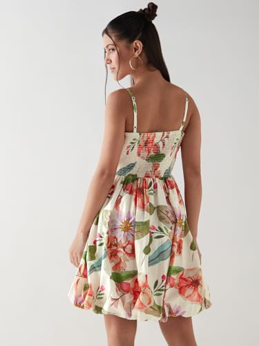 Bewakoof Women's All Over Print Regular Fit Sleeveless Square Neck Cotton-Poplin Dress_645122_White_2XL
