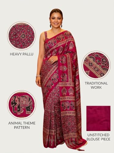 ORHANS Women's Modal Silk Saree with Unstitched Blouse Piece Animal Printed Pattern and Elephant Theme | Womens Ethnic Sarees | Sari for Womans | Stylish Saree fo Women Lightweight