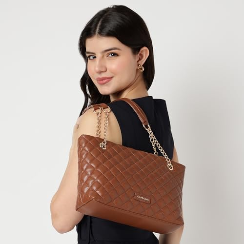 Fastrack QuiltPlay Tan Shoulder Bag | Quilted Faux-Leather Women’s Handbag Bag with Metal Accent Strap & Zipper Closure