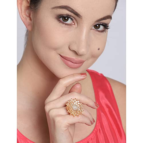 Jewels Galalxy Attractive AAA CZ Delicate Floral Design Gold Plated Traditional Adjustable Zircon Ring for Women/Girls (MYN-RNG-5705)