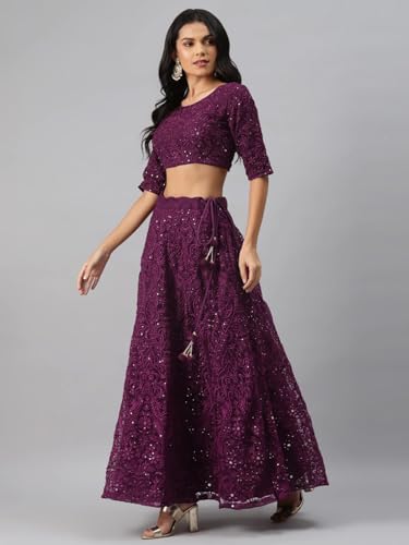 Zeel Clothing Womens Thread Sequins Embroidery Soft Net Semi-stitched Lehenga Choli Set With Dupatta (6017-Purple-Wedding-Stylish-Latest; Free Size)