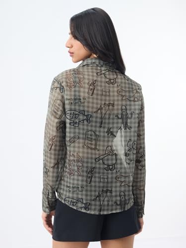 The Souled Store Sheer Shirt: Mystique Women and Girls Full Sleeves Spread Collar Grey Graphic Printed Polyester Regular Fit Lightweight Sheer Casual Shirt