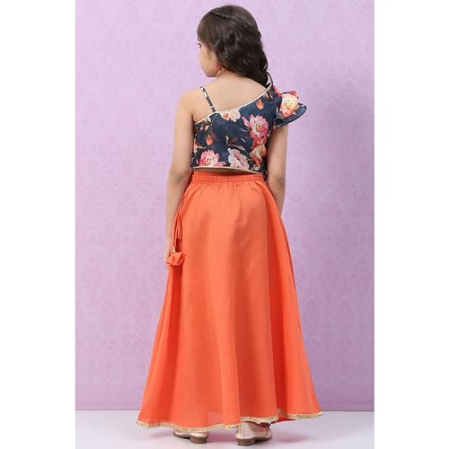 BIBA Girls Polyester Blend Short Kurta Printed Lehenga Set (KW5036EAW22PCH_Pink_14 Years-15 Years)