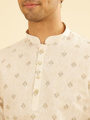 Manyavar Men's Cotton Blend Buta Motifs Printed Short Kurta (Beige,L)