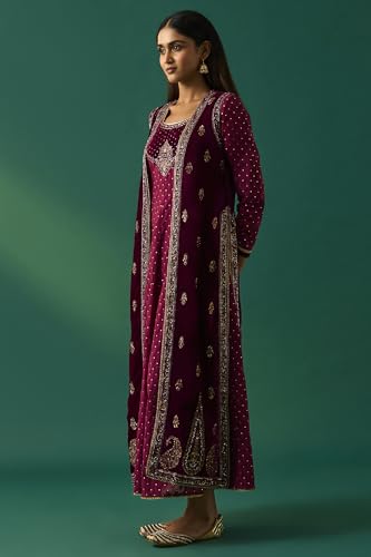 Wishful Women's Maroon Embroidered Anarkali Gilet with Dress and Churidar Set - (SP12855-218120-XXL)