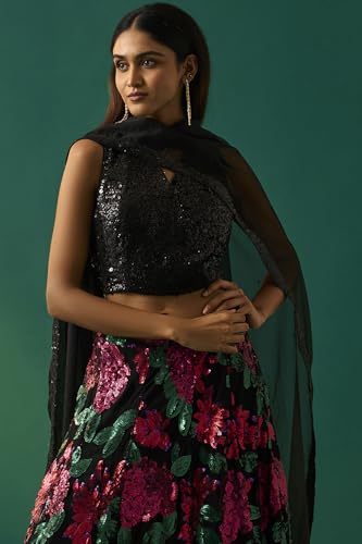 Wishful Women's Black Sequined Embellished Blouse with Skirt and Dupatta Set - (SP11498-401218-M)