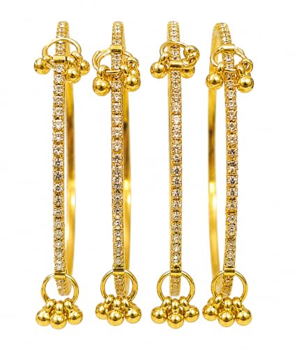 KAYASHA Golden Kashmiri Ghungroo Bangles Set of 4 for Women | American Diamond Stone Gold Tone Chudi | Traditional Ethnic Jewellery for Wedding, Bridal, Daily Wear & Festivals