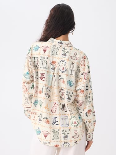 The Souled Store Textured Shirt: Mahjong Tiles Women and Girls Long Sleeves Collared Neck Button Front Beige All Over Printed Oversized Fit Cotton Boyfriend Shirts