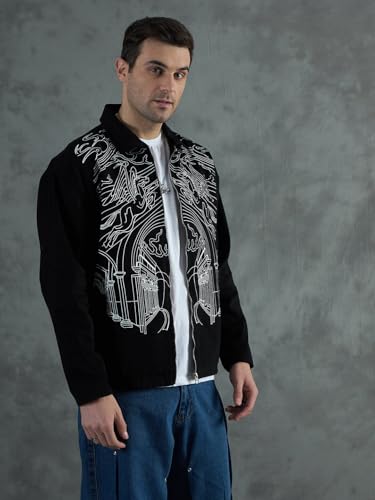 FUGAZEE Black Lineart Harrington Jacket for Men | Heavyweight Cotton Twill | Printed Lineart Design | Spread Collar | Zipped Closure | Lined Streetwear Bomber Jacket - S