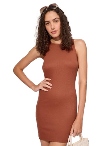 The Souled Store Solids: Rust Red Women and Girls Sleeveless Round Neck Polyester Blend Ribbed Bodycon Dresses