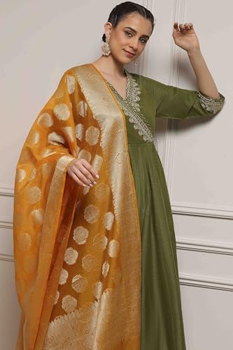 Biba Women Sage Green Polyester Blend Anarkali Embroidered Suit Set_36