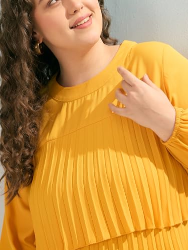 SASSAFRAS Curve Women's Heavy Georgette Above The Knee Tiered Skater Dress (SFDRSS12916_Mustard_4XL)