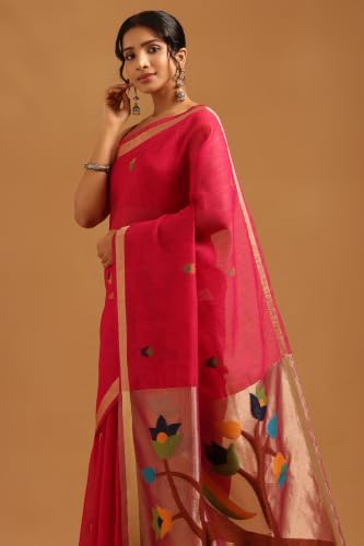 Soch Womens Fuchsia Organza Woven Design Saree