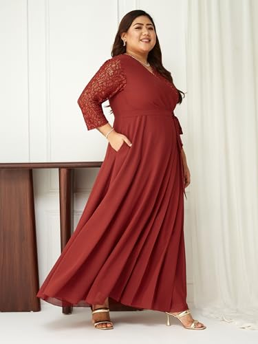 Miss Chase A+ Women's V-Neck 3/4 Sleeve Self-Designed Wrap Styled Maxi Dress (APSS21D14-67-901-08, Dusty Red, 3XL)