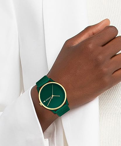 Lacoste Mini Crocodelle Women’s Quartz Watch - Minimalist Three-Hand Timepiece, Mesh Bracelet, Sunray Dial with Crocodile Logo, Polished Case and Bezel, Modern Design - Gift for Her 28mm, Dark Green