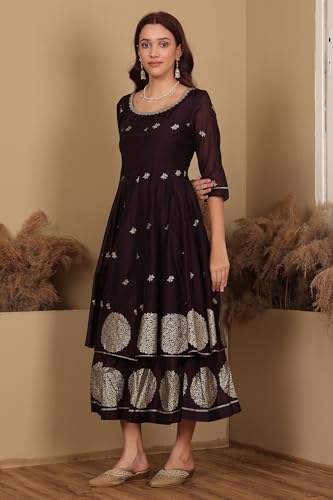 W for Woman Purple Floral Printed Dori Embroidered Chanderi Flared Kurta with Mock Layer and Dupatta Set (Size: XS)-24AUWS11194-124358