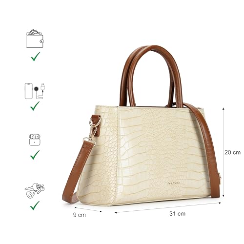Fastrack Croco-Textured Satchel Bag for Women | Faux Leather Handbag with Zip Closure, Gold Hardware and Organiser Pockets | Elegant Structured Satchel for Work, Brunch and Daily Use