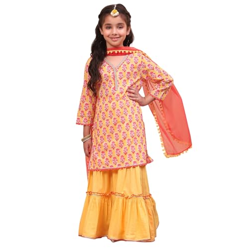 BIBA Girls Yellow Straight Cotton Printed Kurta suit set
