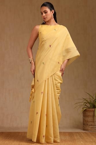 Soch Womens Yellow Chanderi Floral Print Saree With Zari Woven