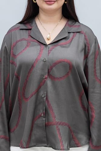 PURYS Women's Olive Abstract Print Plus Size Slit Sleeves Satin Shirt, 3X-Large