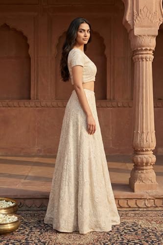 Aurelia Women's Beige Sequins Crop Top with Skirt and Dupatta Set - (AD10734-E608792-L)