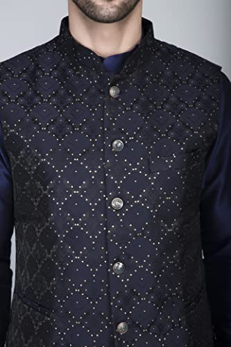 Ethluxis Men's Silk Blend Kurta Churidar Pyjama With Ethnic Bundi Jacket Set (38, Navy/Navy, Regular Fit)