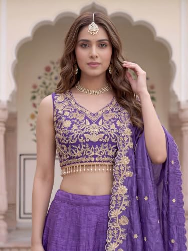 Zeel Clothing Women's Zari Sequins Embroidered Work Crush Silk Lehenga Choli With Dupatta (5136-Purple-Women-Lehenga-Choli; Free size)