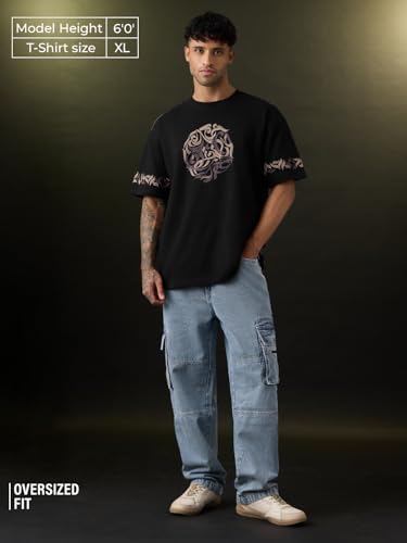 The Souled Store Zen Canvas Men and Boys Short Sleeves Round Neck Black Graphic Printed Calligraphy Graphic Casual Drop Shoulder Streetwear Trendy Cotton Oversized T-Shirts