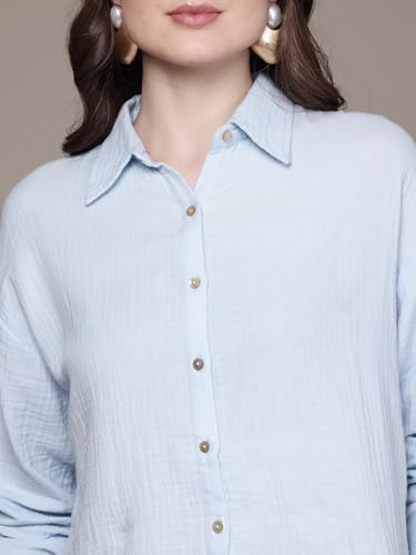 Label RITU KUMAR Collar Neck Full Sleeves Solid Shirt Powder Blue