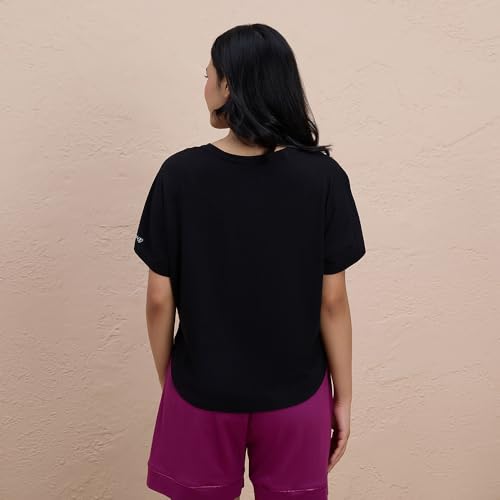 NYKD Buttery Soft Modal Cotton Graphic Tee for Women with Extended Sleeves – Comfortable Relaxed Fit, Stylish Design, Model NYS945 Black