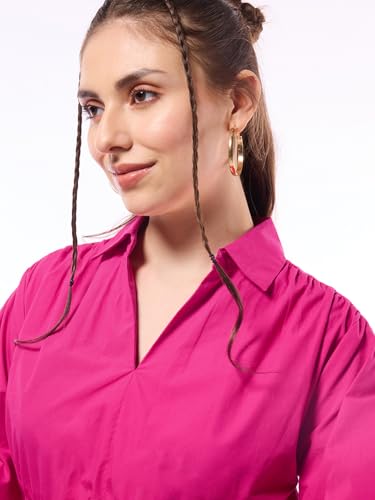Bewakoof Women's Solid Oversized Fit Full Sleeve Collar Cotton Shirt Dress 635464 Pink M