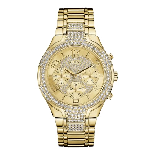 GUESS Women U0628L2 Sporty Gold-Tone Analog Watch With Champagne Dial, Crystal-Accented Bezel And Stainless Steel Pilot Buckle, Gold Band