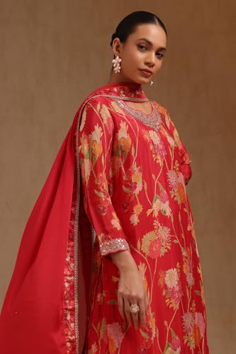 Soch Womens Red Chinon Floral Print Suit Set With Thread Work