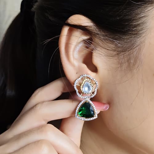 ZYRA JEWELS Micro Gold Plated Floral Necklace Set with American Diamond, Zircon & Moissanite Stones | Party Bling Luxury Designer Jewelry for Women & Girls (Emerald Green)