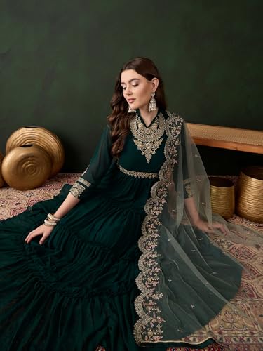 Miss Ethnik Women's Green Faux Georgette Stitched Top With Dupatta Full Sleeve Embroidered Anarkali Gown (MEY-156-Green-XXL)