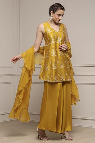 Biba Women Yellow Viscose Blend A-Line Printed Garara Suit Set_40