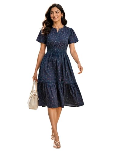 oxolloxo Women Cotton Party Dresses | Regular Fit Printed V-Neck | Below Knee Fit & Flare Dresses for Women | Blue