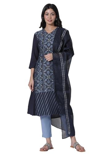 W for Woman Blue Suzani Motif Printed Kurta, Pants with Dupatta Set_23AUWS19302-312889_M