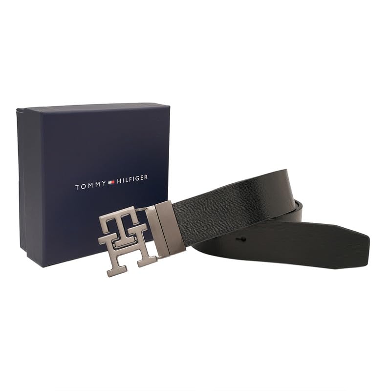 Tommy Hilfiger Men's Phnom Reversible Leather Belt - Textured Black Style With Th Monogram And Brushed Gunmetal Finish - Semi-Formal Versatility | Size L - 100 CM | Ideal for Gifting