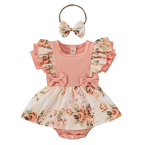 Hopscotch Baby Girls Cotton and Polyester Floral Print Ruffled Bodysuit With Headband in Peach Color For Ages (12-18 Months)