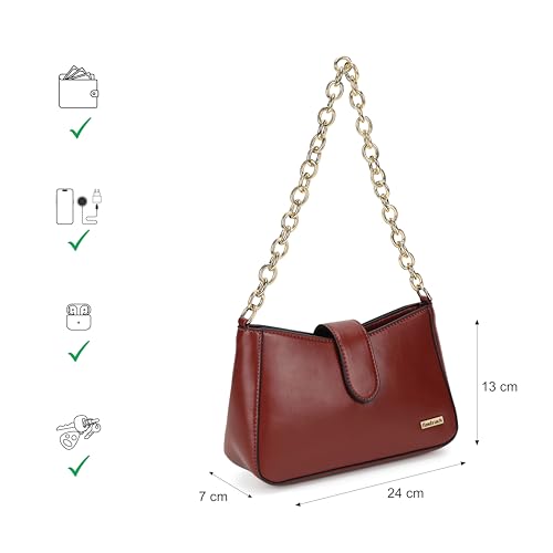 Fastrack Women's Chain Strap Shoulder Bag with Top Zip and Flap Closure | Main Compartment, Inner Zip and Slip Pockets | Stylish Shoulder Bag | Trendy Women's Handbags, Brown
